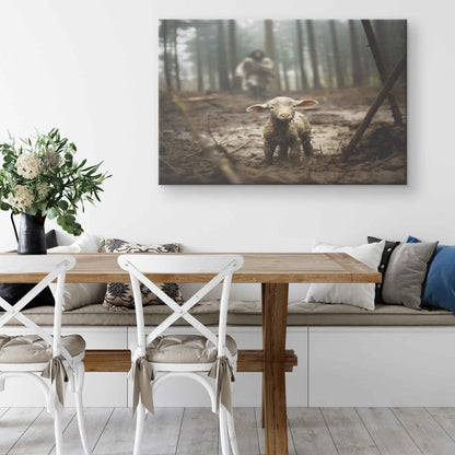 Jesus Runs Towards A Lost Lamb In The Forest Canvas Wall Art