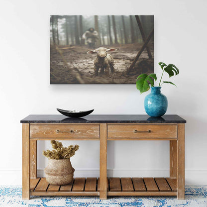 Jesus Runs Towards A Lost Lamb In The Forest Canvas Wall Art
