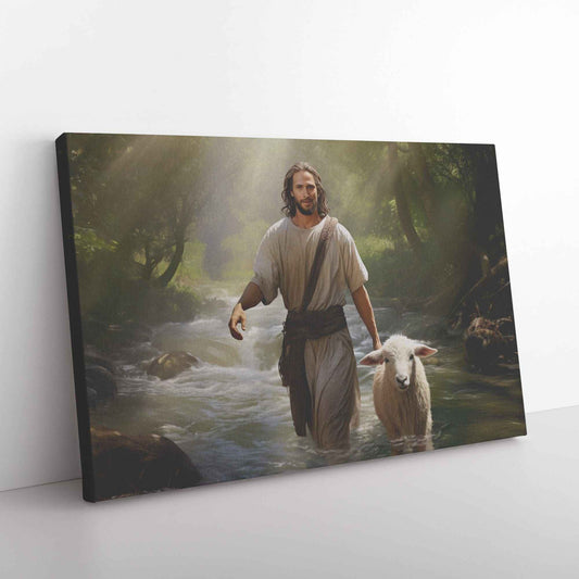Jesus Walking In A Beautiful Forest With A Lamb Canvas Wall Art