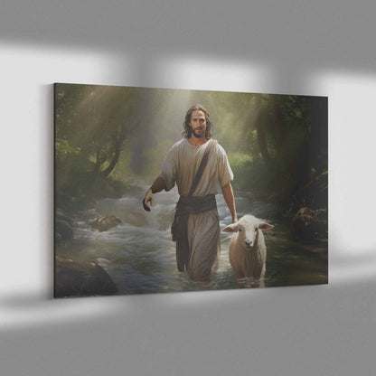 Jesus Walking In A Beautiful Forest With A Lamb Canvas Wall Art