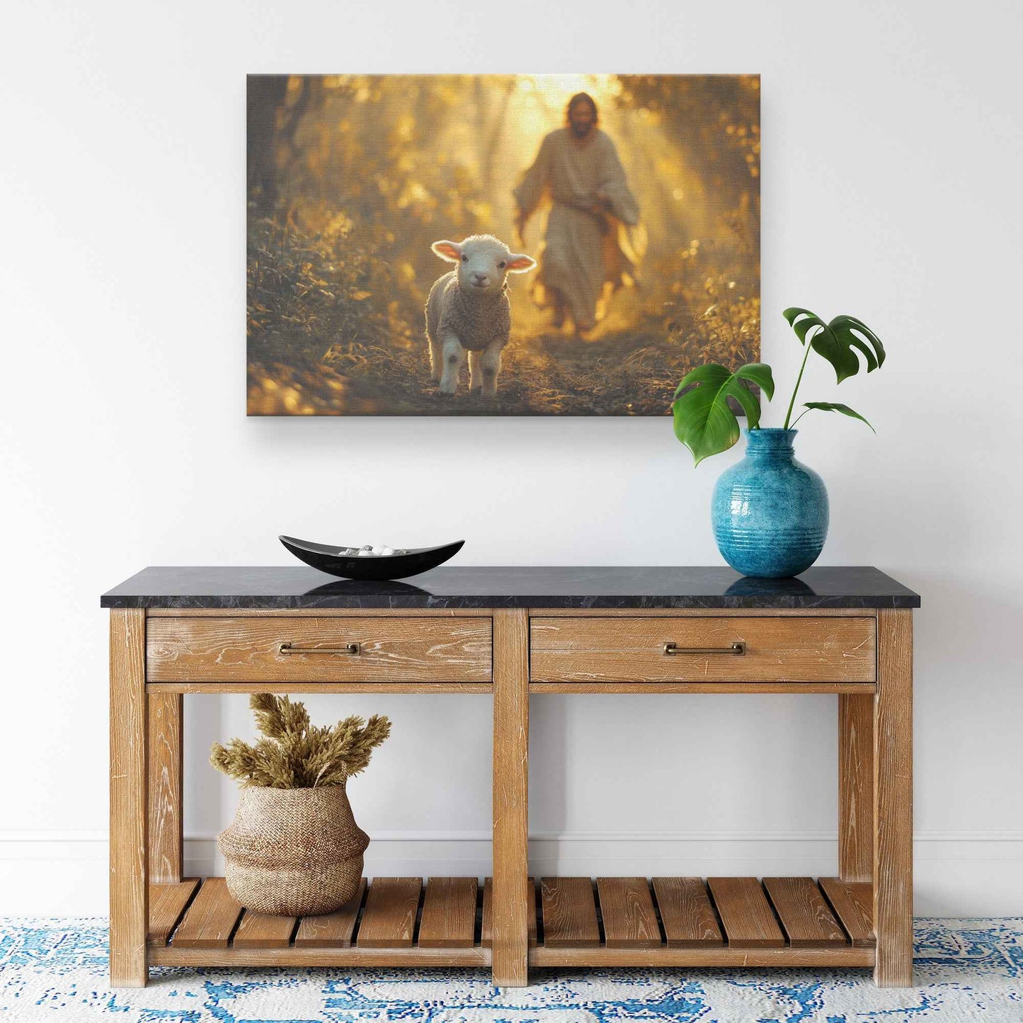 Jesus with Lamb Serene Forest Décor Inspirational High Resolution Photography for Faithful Home   Christian Canvas Wall Art Decor