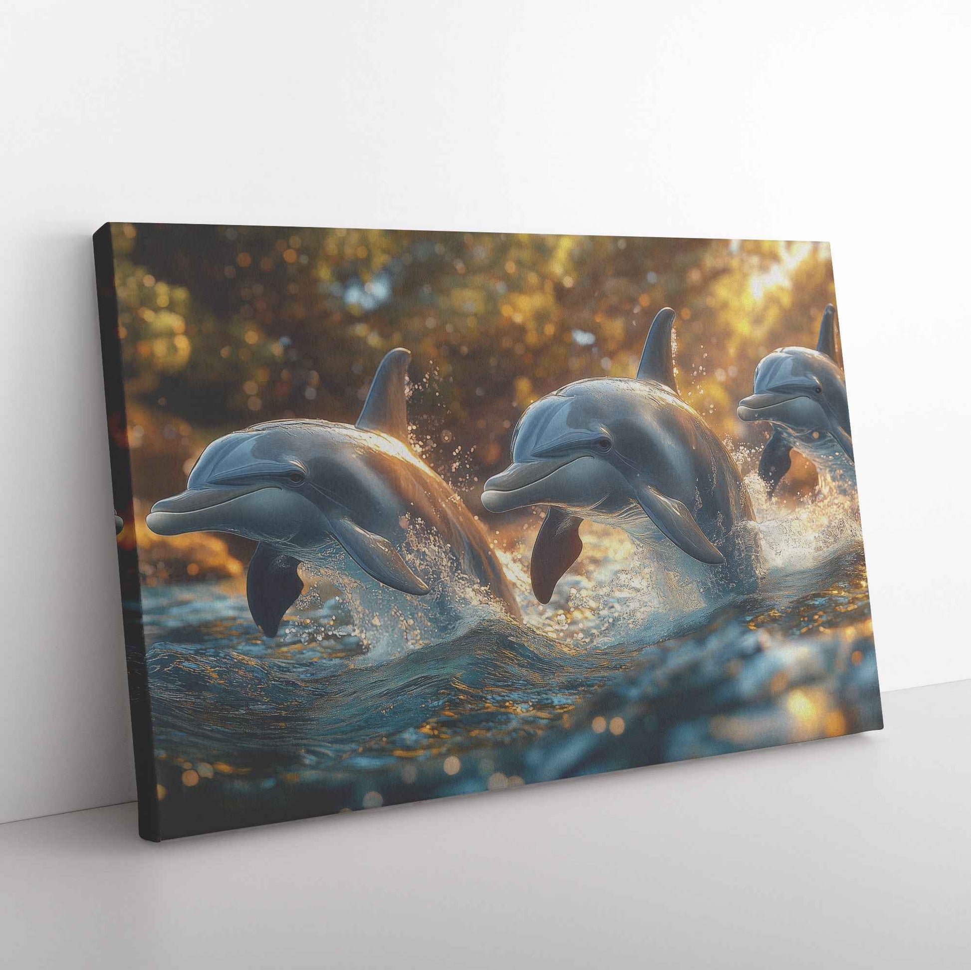 Joyful Dolphins at Golden Hour   Christian Canvas Wall Art Decor