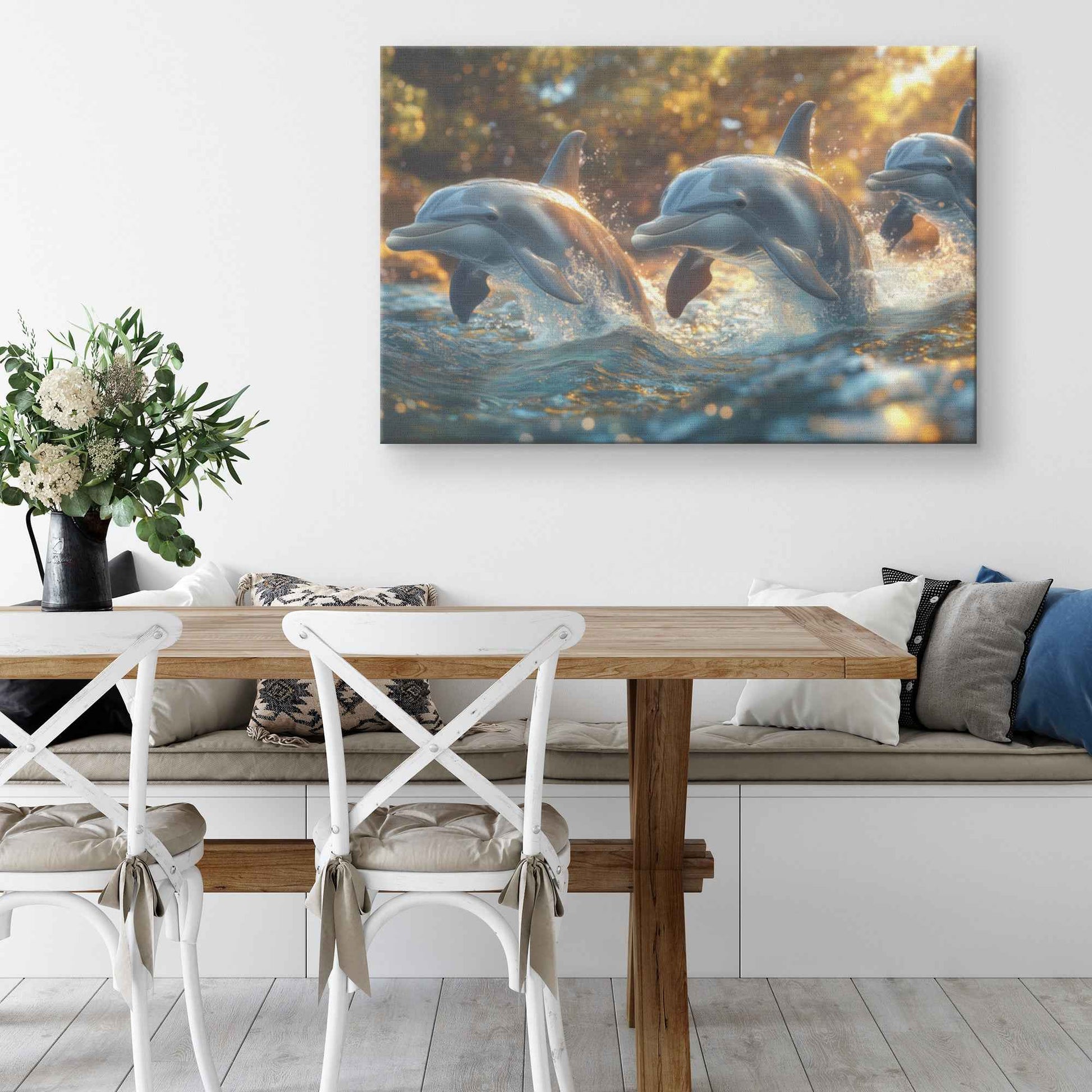 Joyful Dolphins at Golden Hour   Christian Canvas Wall Art Decor