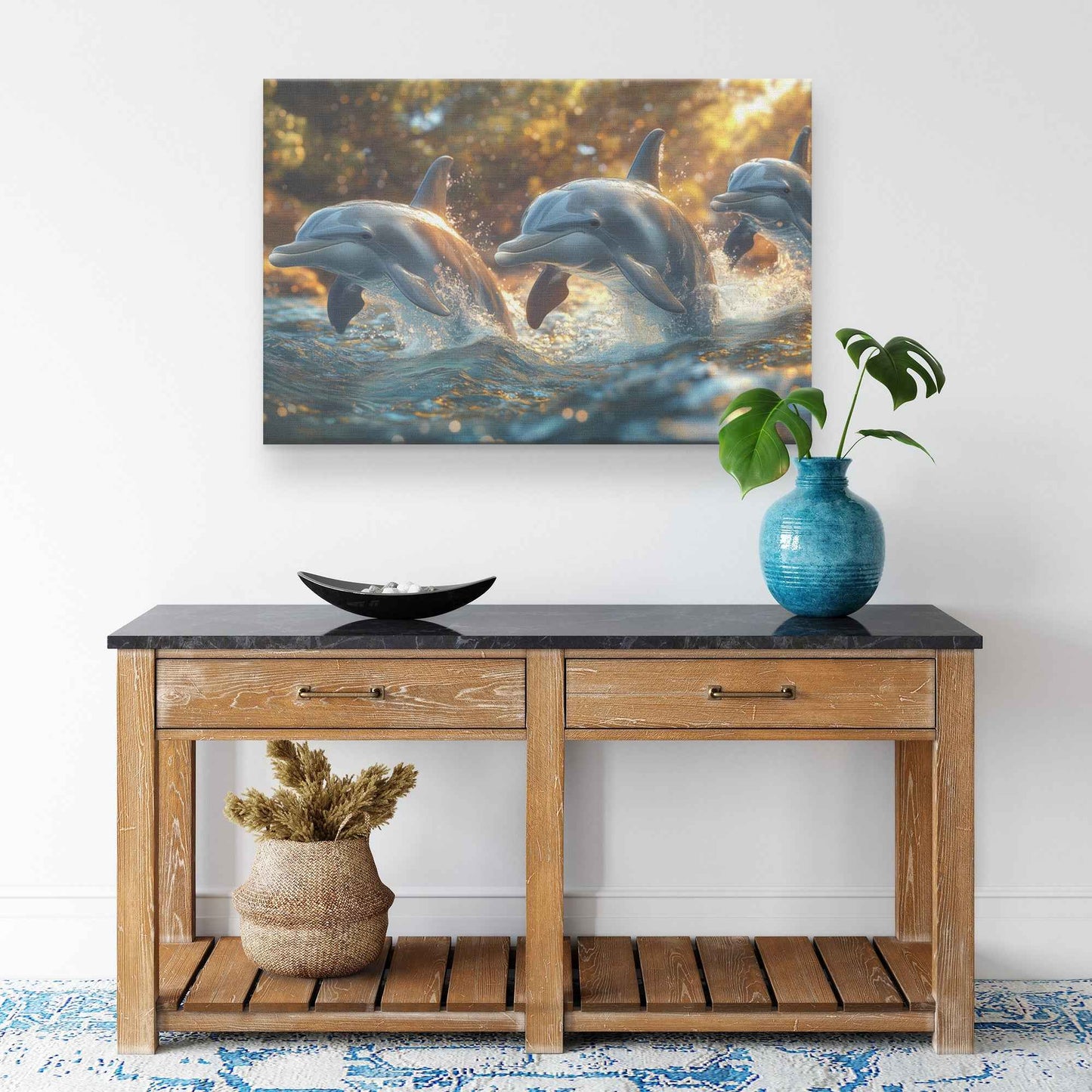 Joyful Dolphins at Golden Hour   Christian Canvas Wall Art Decor