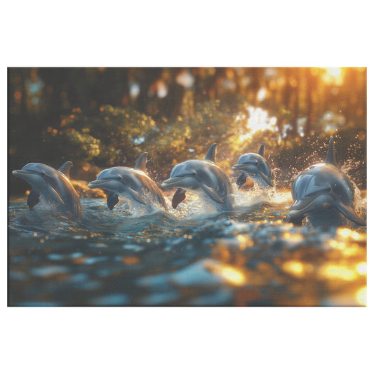 Joyful Dolphins Leaping in a Forest Lake Serene Natural Beauty Canvas Wall Art Decor - Awakening Righteousness