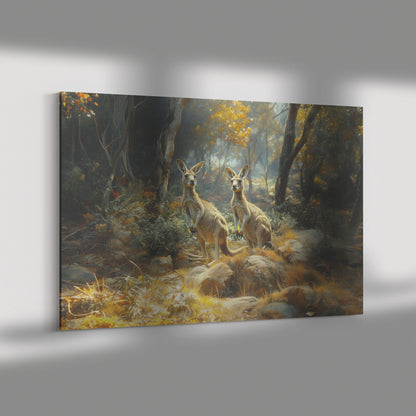 Kangaroos in Enchanted Forest with Golden Sunlight & Wildflowers  Canvas Wall Art Decor - Awakening Righteousness