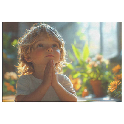 Little Boys Faithful Prayer in Soft Sunlight with Gentle Shadows and Calm Expression Christian Canvas Wall Art Decor