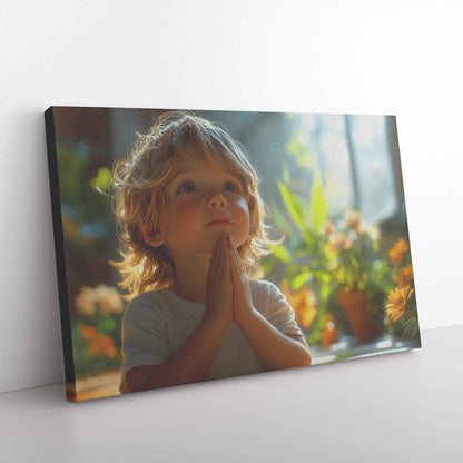 Little Boys Faithful Prayer in Soft Sunlight with Gentle Shadows and Calm Expression Christian Canvas Wall Art Decor