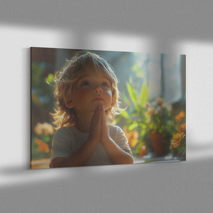 Little Boys Faithful Prayer in Soft Sunlight with Gentle Shadows and Calm Expression Christian Canvas Wall Art Decor