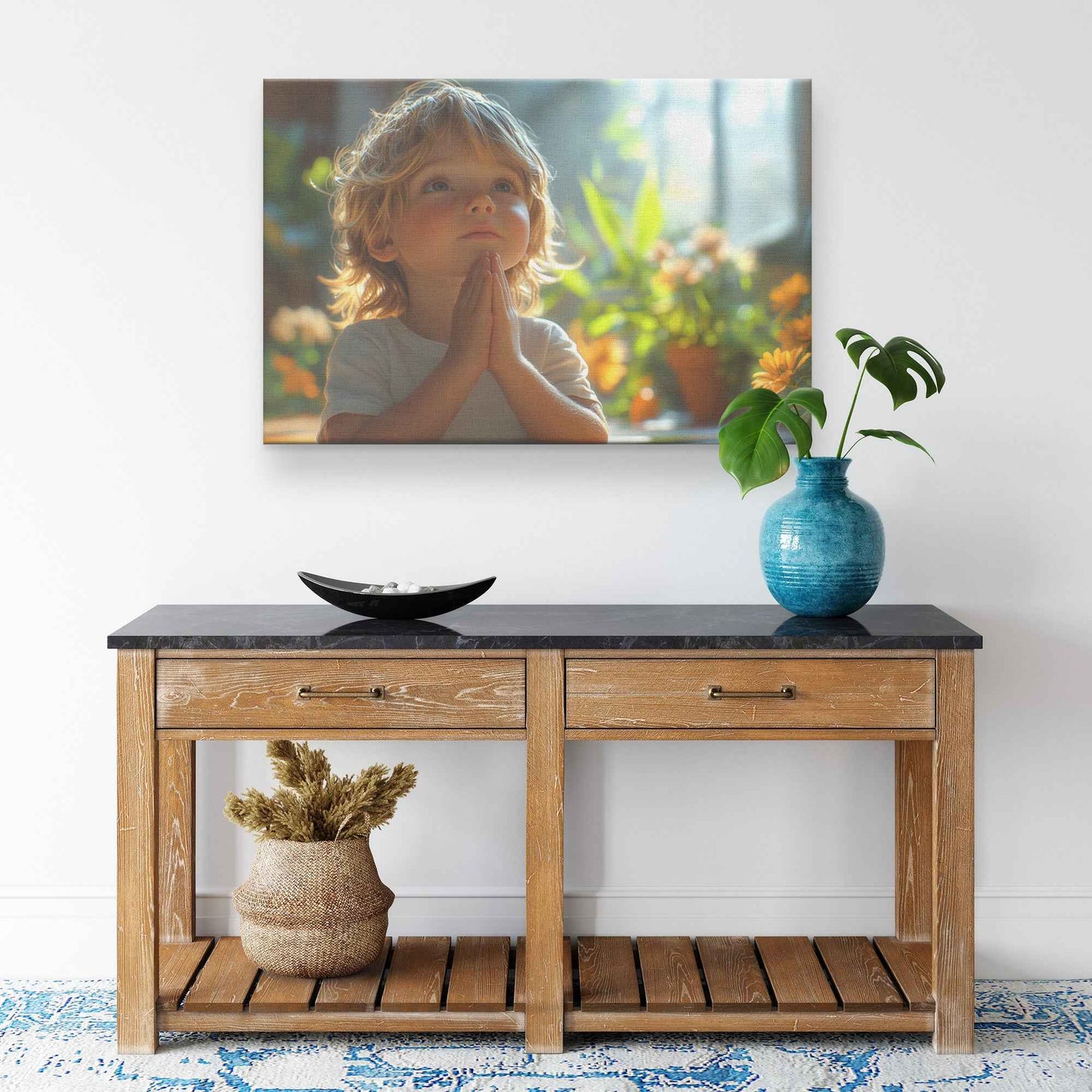 Little Boys Faithful Prayer in Soft Sunlight with Gentle Shadows and Calm Expression Christian Canvas Wall Art Decor