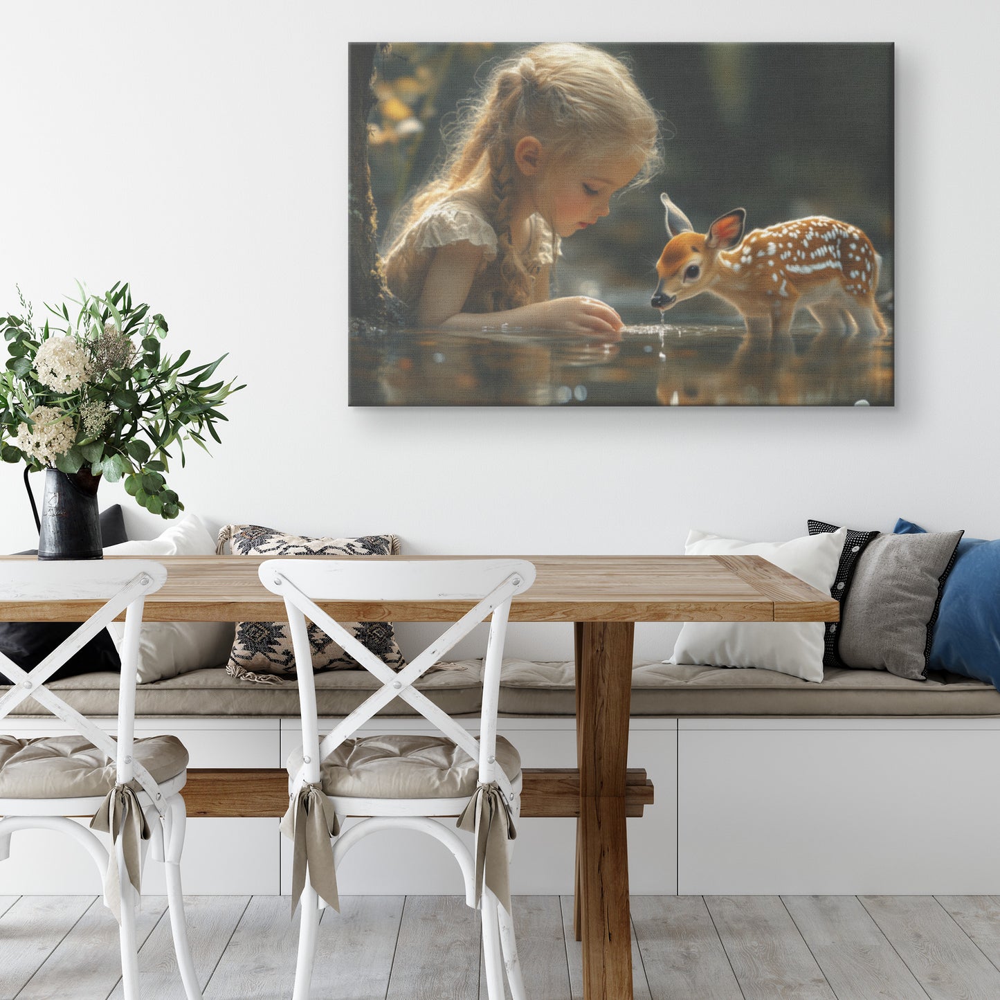 Little Girl and Adorable Fawn the Water   Christian Canvas Wall Art Decor - Awakening Righteousness