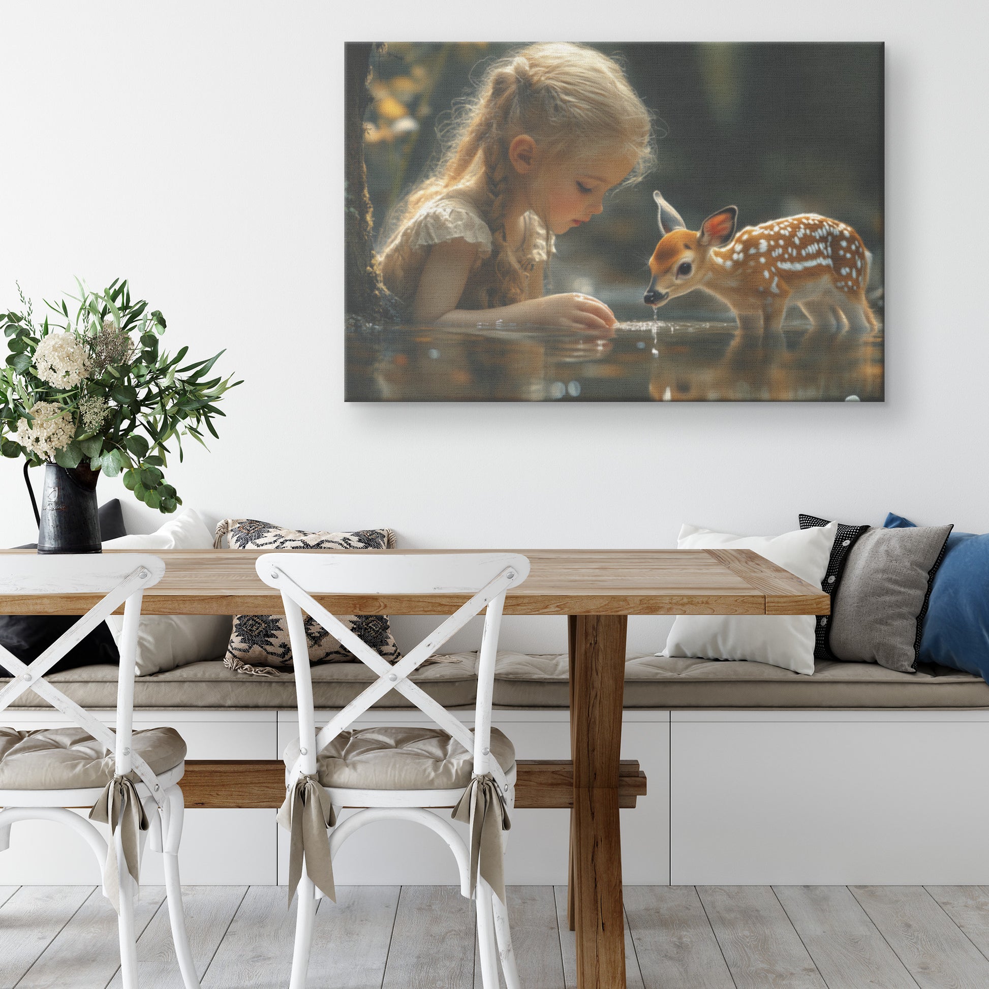 Little Girl and Adorable Fawn the Water   Christian Canvas Wall Art Decor - Awakening Righteousness