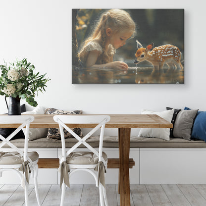 Little Girl and Adorable Fawn the Water   Christian Canvas Wall Art Decor - Awakening Righteousness