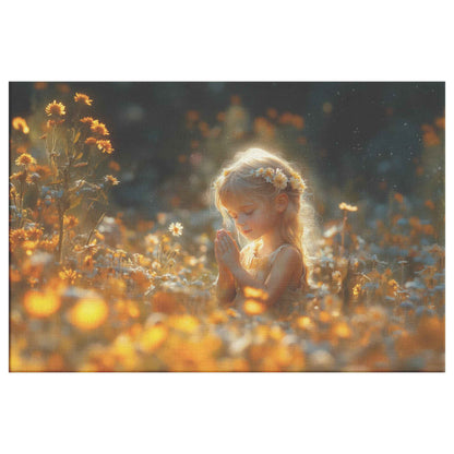 Little Girl Praying in a Sunlit Field of Blossoms   Inspirational Christian Canvas Wall Art Decor
