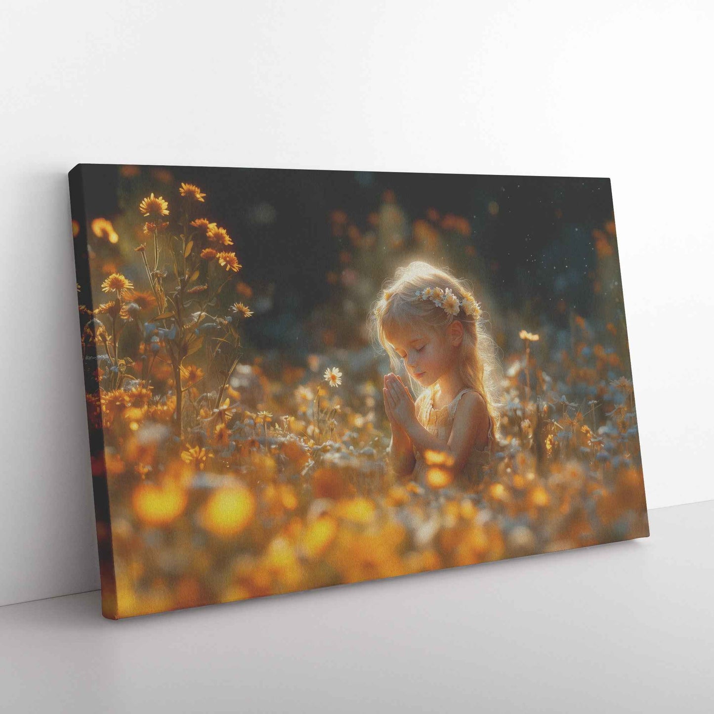 Little Girl Praying in a Sunlit Field of Blossoms   Inspirational Christian Canvas Wall Art Decor