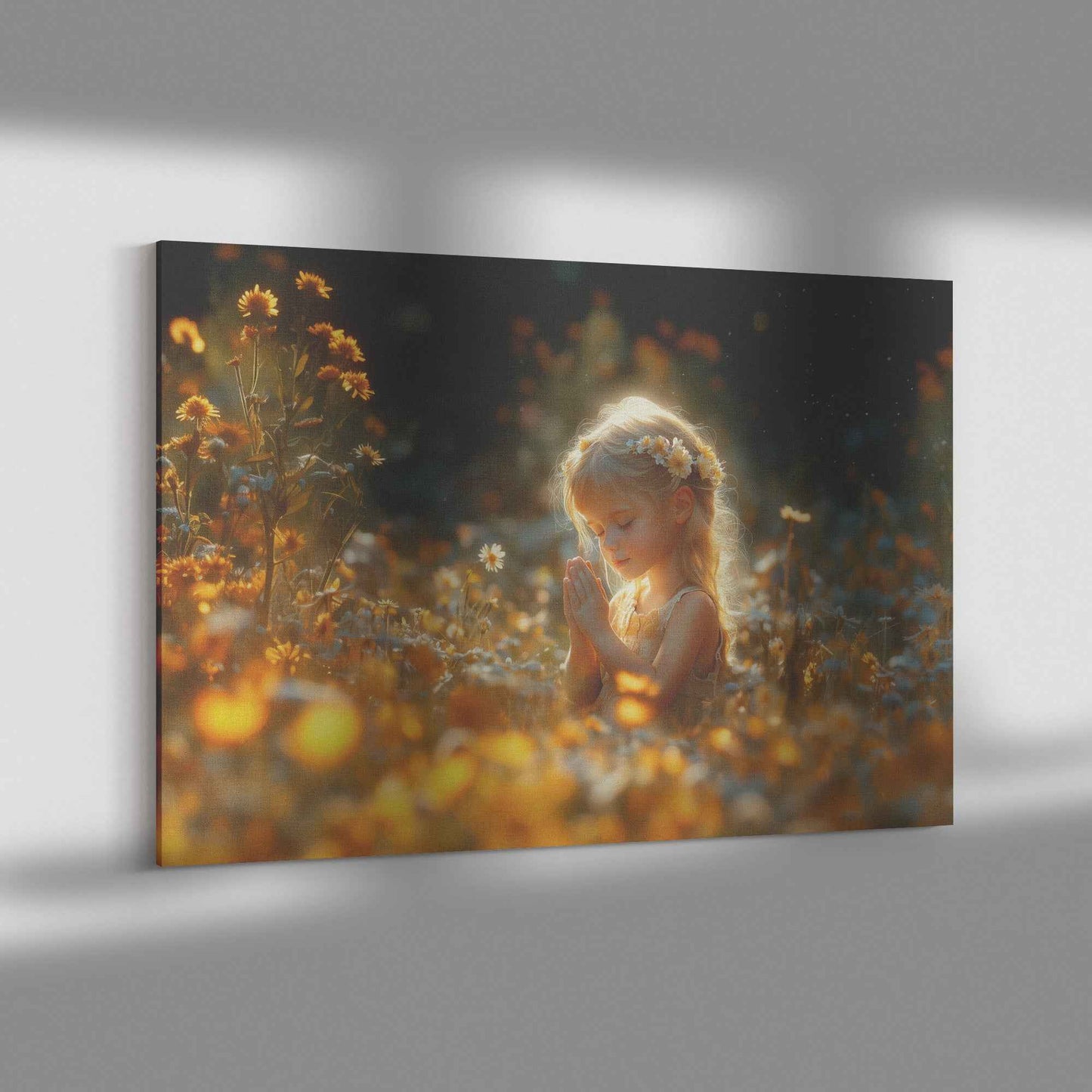 Little Girl Praying in a Sunlit Field of Blossoms   Inspirational Christian Canvas Wall Art Decor