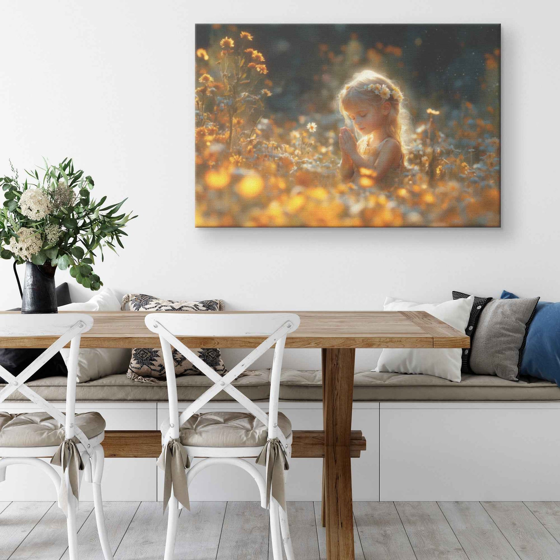 Little Girl Praying in a Sunlit Field of Blossoms   Inspirational Christian Canvas Wall Art Decor