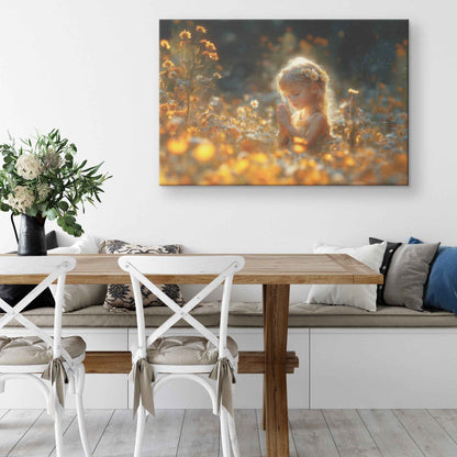Little Girl Praying in a Sunlit Field of Blossoms   Inspirational Christian Canvas Wall Art Decor
