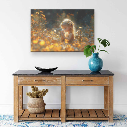Little Girl Praying in a Sunlit Field of Blossoms   Inspirational Christian Canvas Wall Art Decor