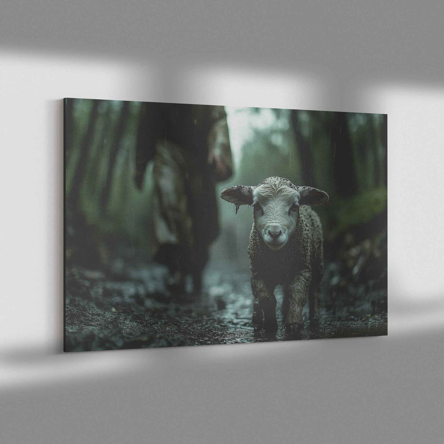 Lost Lamb in the Rain Guided Divine Love   Christian Canvas Wall Art Decor