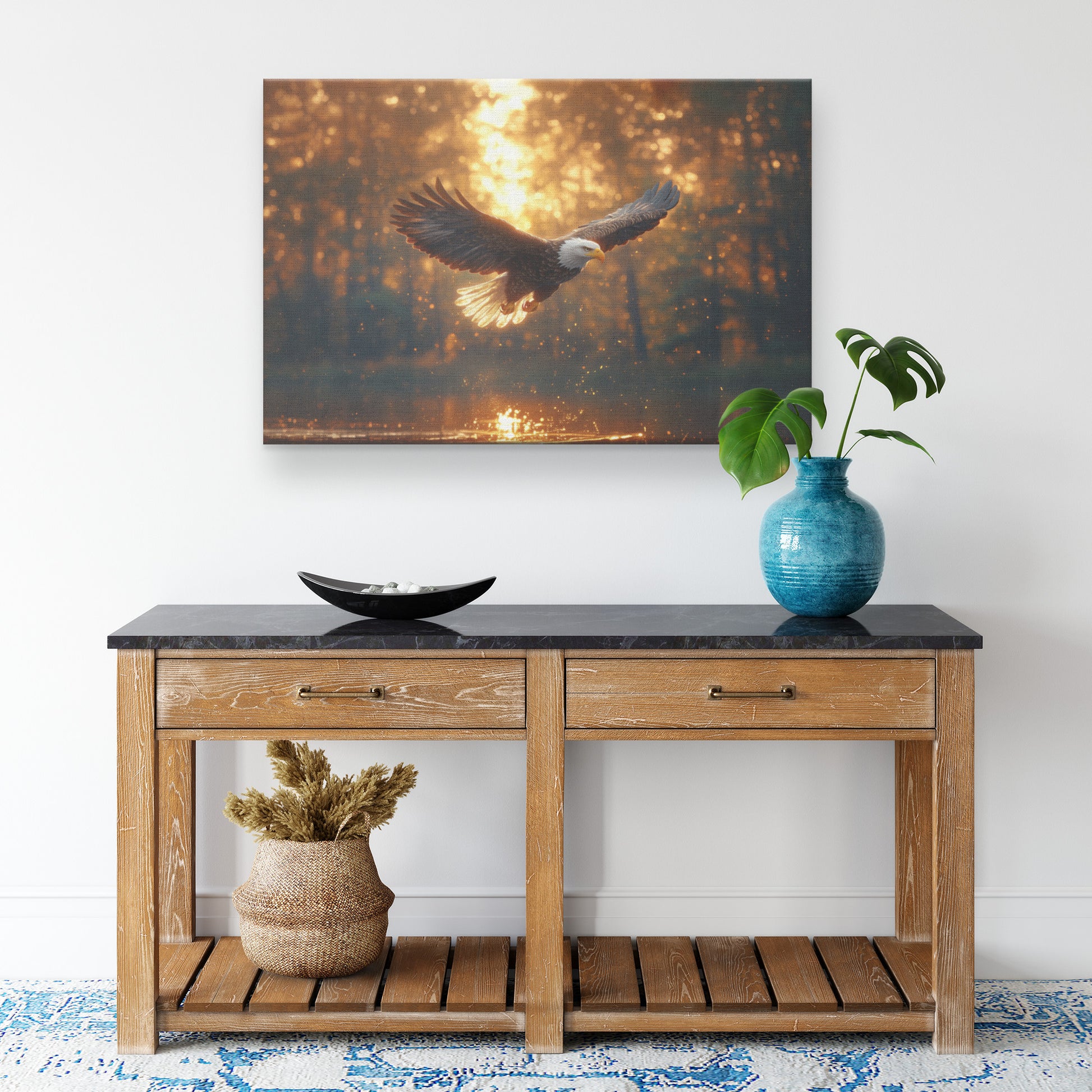 Majestic Bald Eagle Soaring Over Water Bathed in Golden Hour Light   Christian Canvas Wall Art Decor - Awakening Righteousness