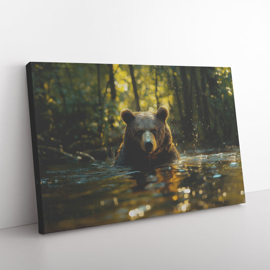 Majestic Brown Bear Swimming in a Forest River with Lush Greenery  Nature's Power Christian Canvas Wall Art Decor - Awakening Righteousness