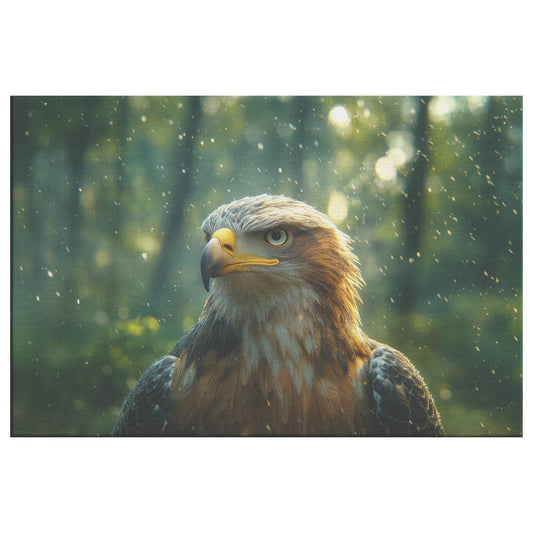 Majestic Eagle in Enchanting Forest Piercing Eyes and Serene Atmosphere with Dappled Sunlight   Christian Canvas Wall Art Decor