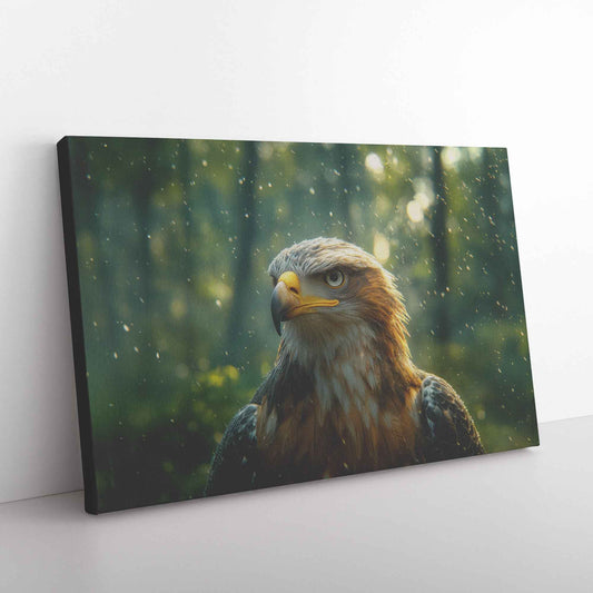 Majestic Eagle in Enchanting Forest Piercing Eyes and Serene Atmosphere with Dappled Sunlight   Christian Canvas Wall Art Decor