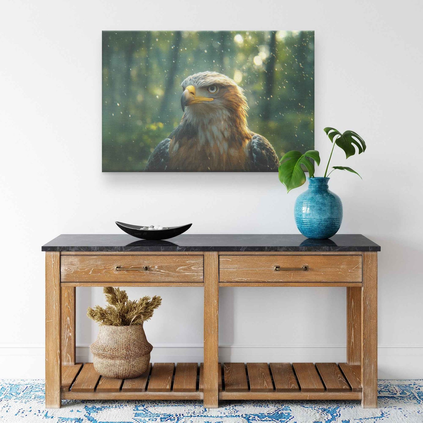 Majestic Eagle in Enchanting Forest Piercing Eyes and Serene Atmosphere with Dappled Sunlight   Christian Canvas Wall Art Decor