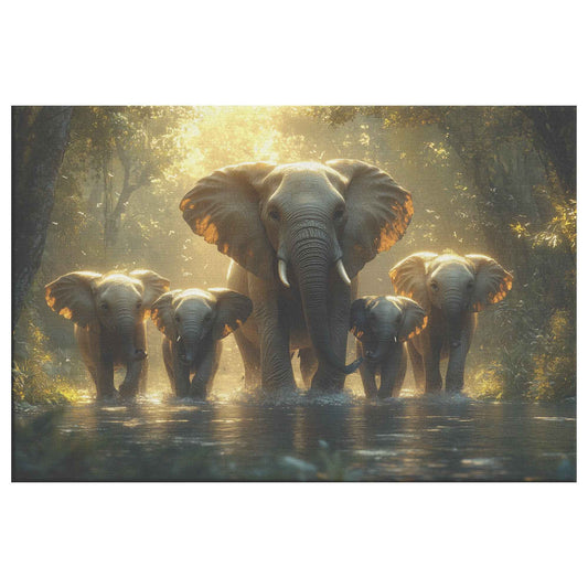 Majestic Elephant Family Crossing River in Sunlit African Forest   Christian Canvas Wall Art Decor