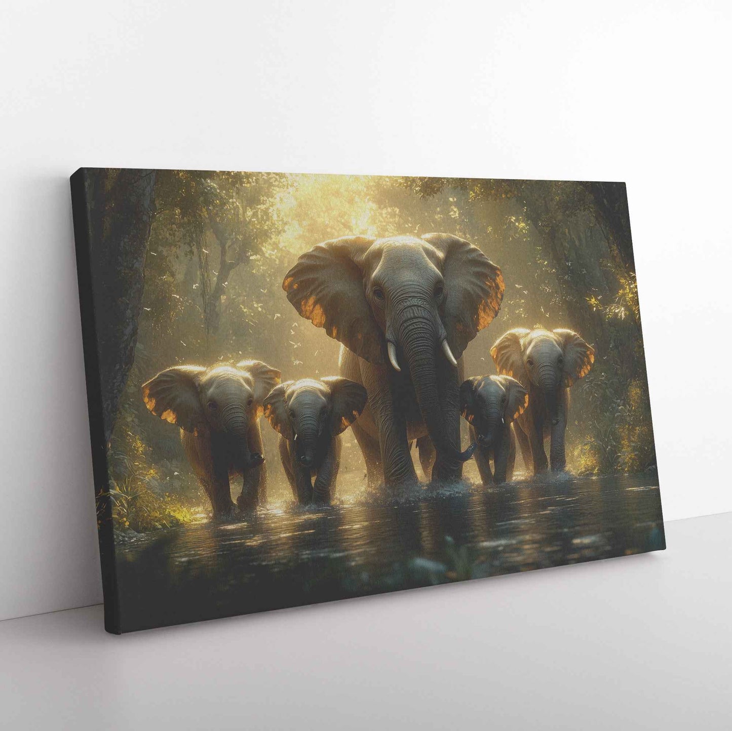 Majestic Elephant Family Crossing River in Sunlit African Forest   Christian Canvas Wall Art Decor
