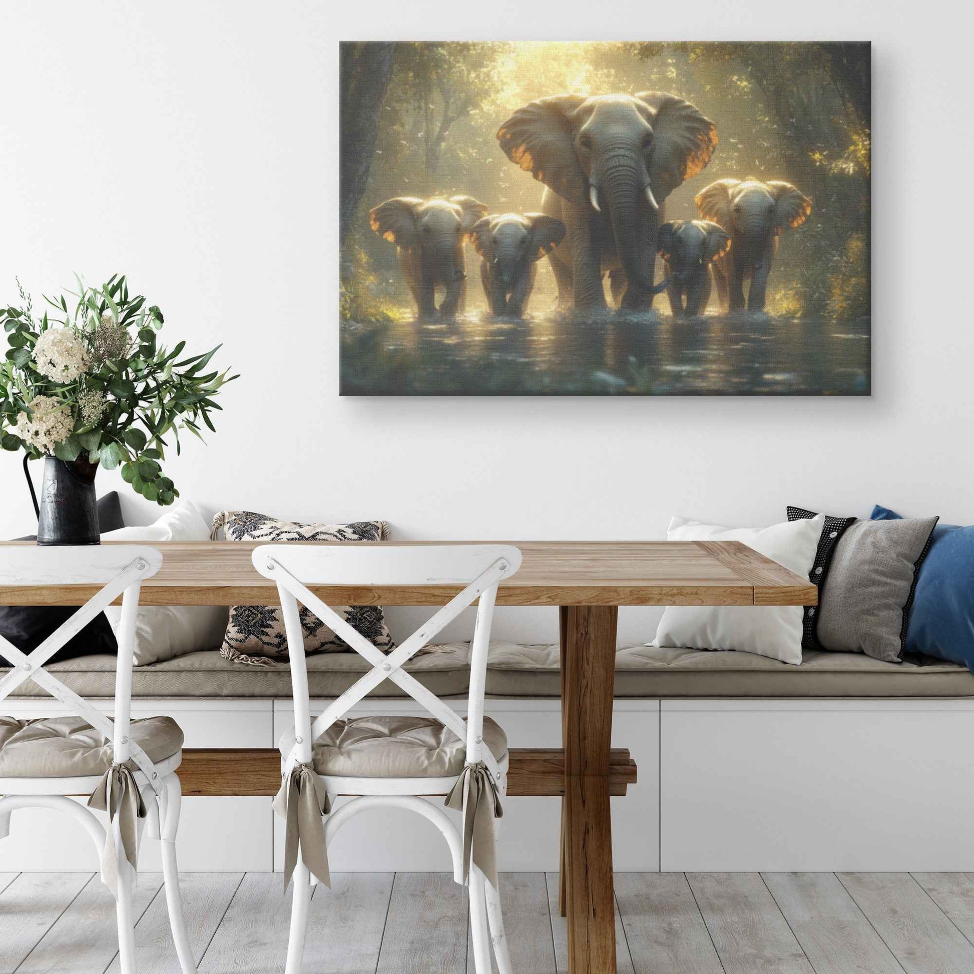 Majestic Elephant Family Crossing River in Sunlit African Forest   Christian Canvas Wall Art Decor