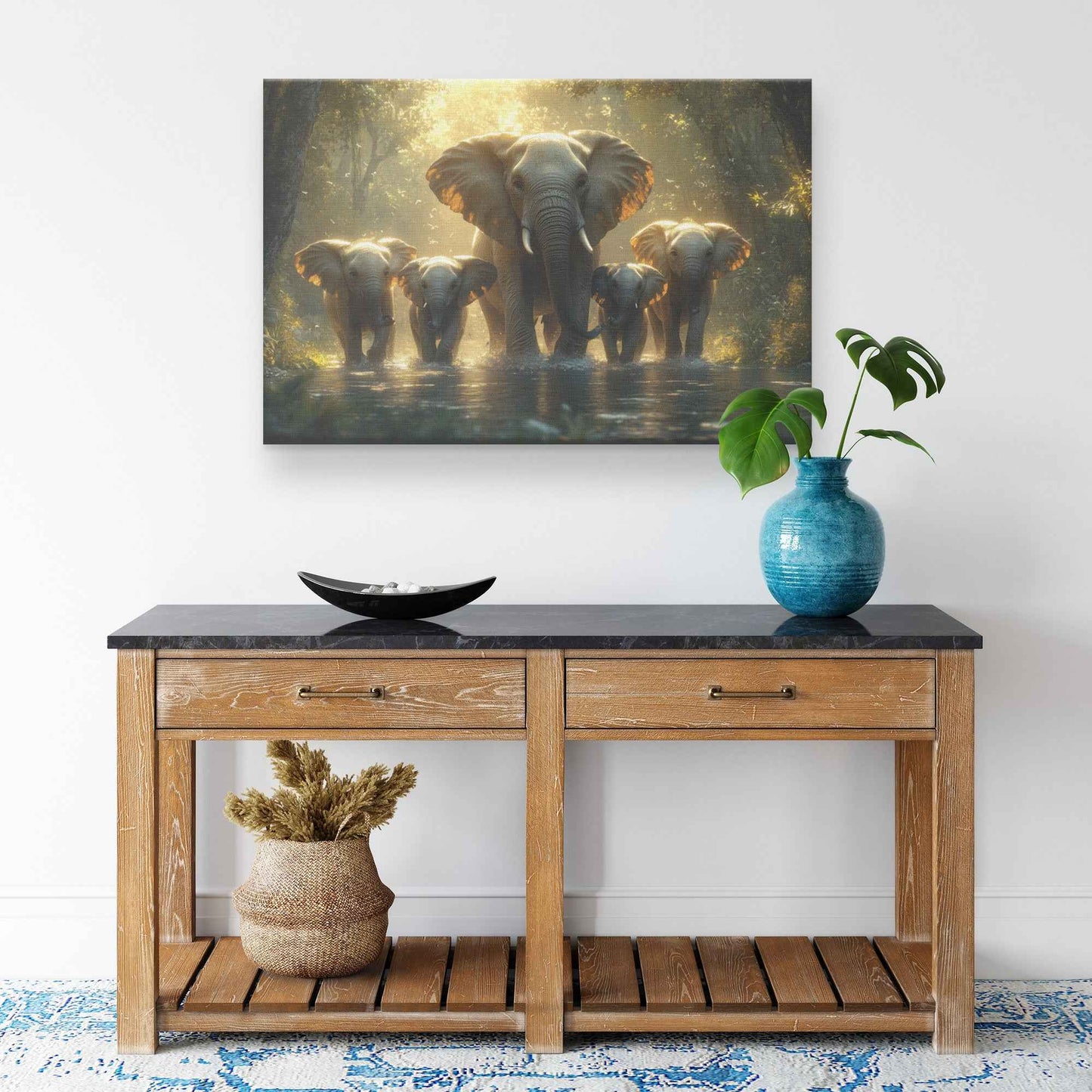 Majestic Elephant Family Crossing River in Sunlit African Forest   Christian Canvas Wall Art Decor