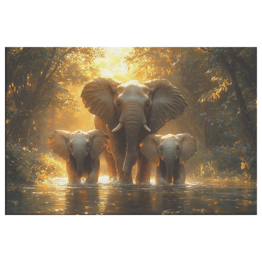Majestic Family of Elephants Walking Along Ancient River at Golden Hour  Powerful Wildlife Art for Home Living Room or Office  Canvas Wall Art Decor - Awakening Righteousness