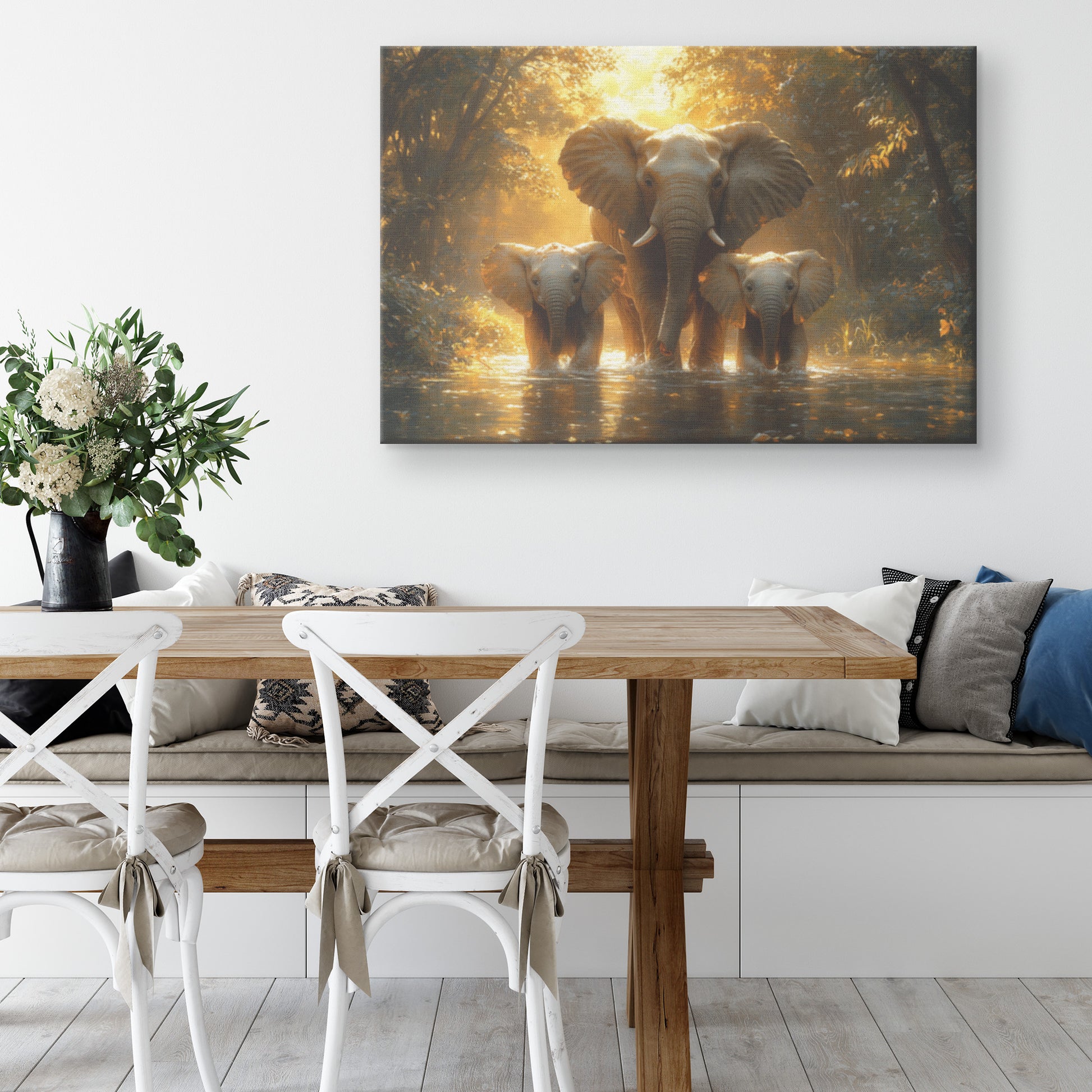 Majestic Family of Elephants Walking Along Ancient River at Golden Hour  Powerful Wildlife Art for Home Living Room or Office  Canvas Wall Art Decor - Awakening Righteousness