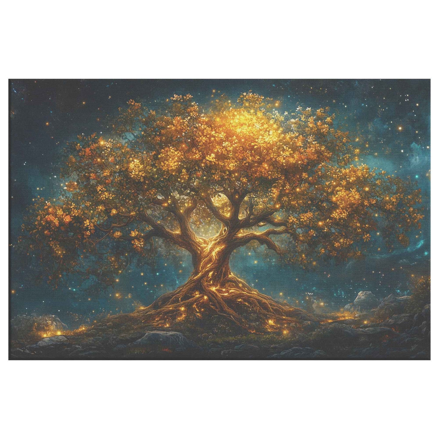 Majestic Golden Tree of Wisdom  Symbol of Love, Peace, and Unity  Fantasy-Inspired Ethereal Landscape   Christian Canvas Wall Art Decor