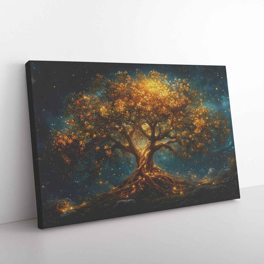 Majestic Golden Tree of Wisdom  Symbol of Love, Peace, and Unity  Fantasy-Inspired Ethereal Landscape   Christian Canvas Wall Art Decor