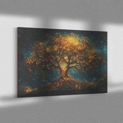 Majestic Golden Tree of Wisdom  Symbol of Love, Peace, and Unity  Fantasy-Inspired Ethereal Landscape   Christian Canvas Wall Art Decor