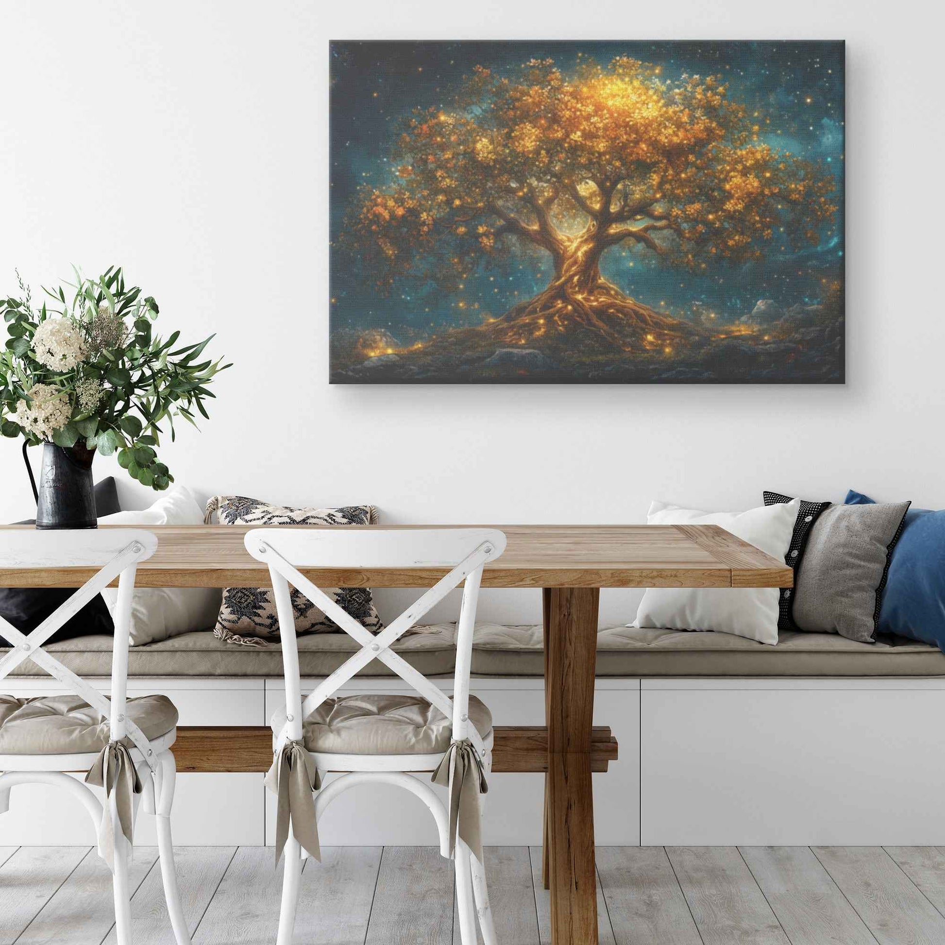 Majestic Golden Tree of Wisdom  Symbol of Love, Peace, and Unity  Fantasy-Inspired Ethereal Landscape   Christian Canvas Wall Art Decor