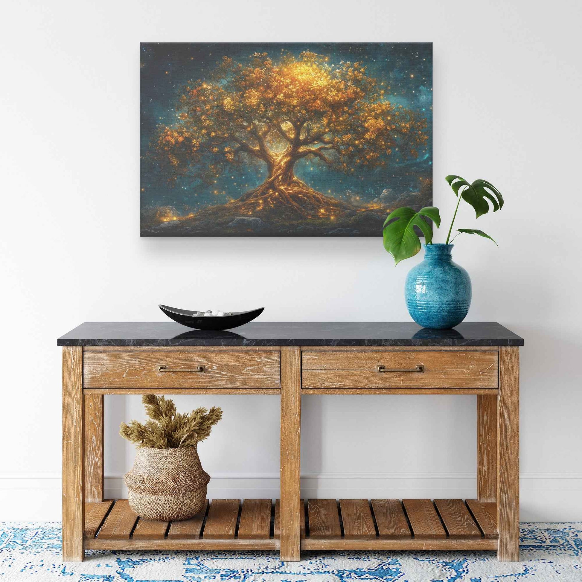 Majestic Golden Tree of Wisdom  Symbol of Love, Peace, and Unity  Fantasy-Inspired Ethereal Landscape   Christian Canvas Wall Art Decor