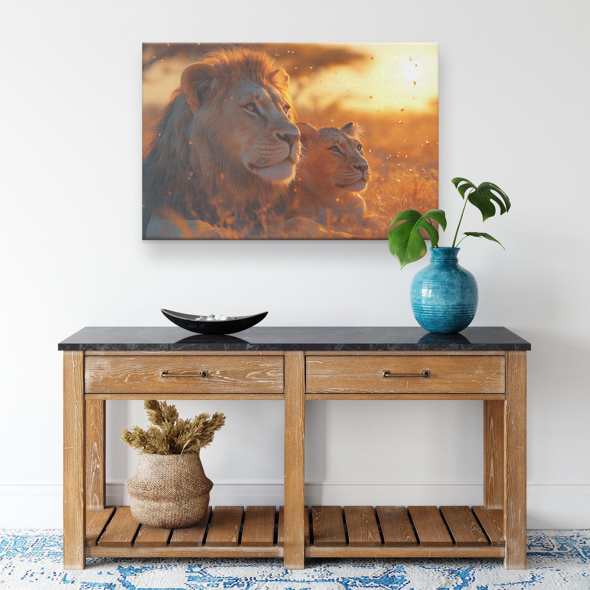 Majestic Lion and Cub in Savannah at Sunset with Fireflies  Wildlife Animal Art for Home Living Room or Office  Canvas Wall Art Decor - Awakening Righteousness