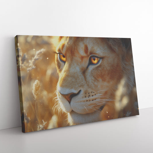 Majestic Lion with Glowing Eyes in Tall Grass Under Sunlight  Powerful Wildlife Art for Home Living Room or Office  Canvas Wall Art Decor - Awakening Righteousness