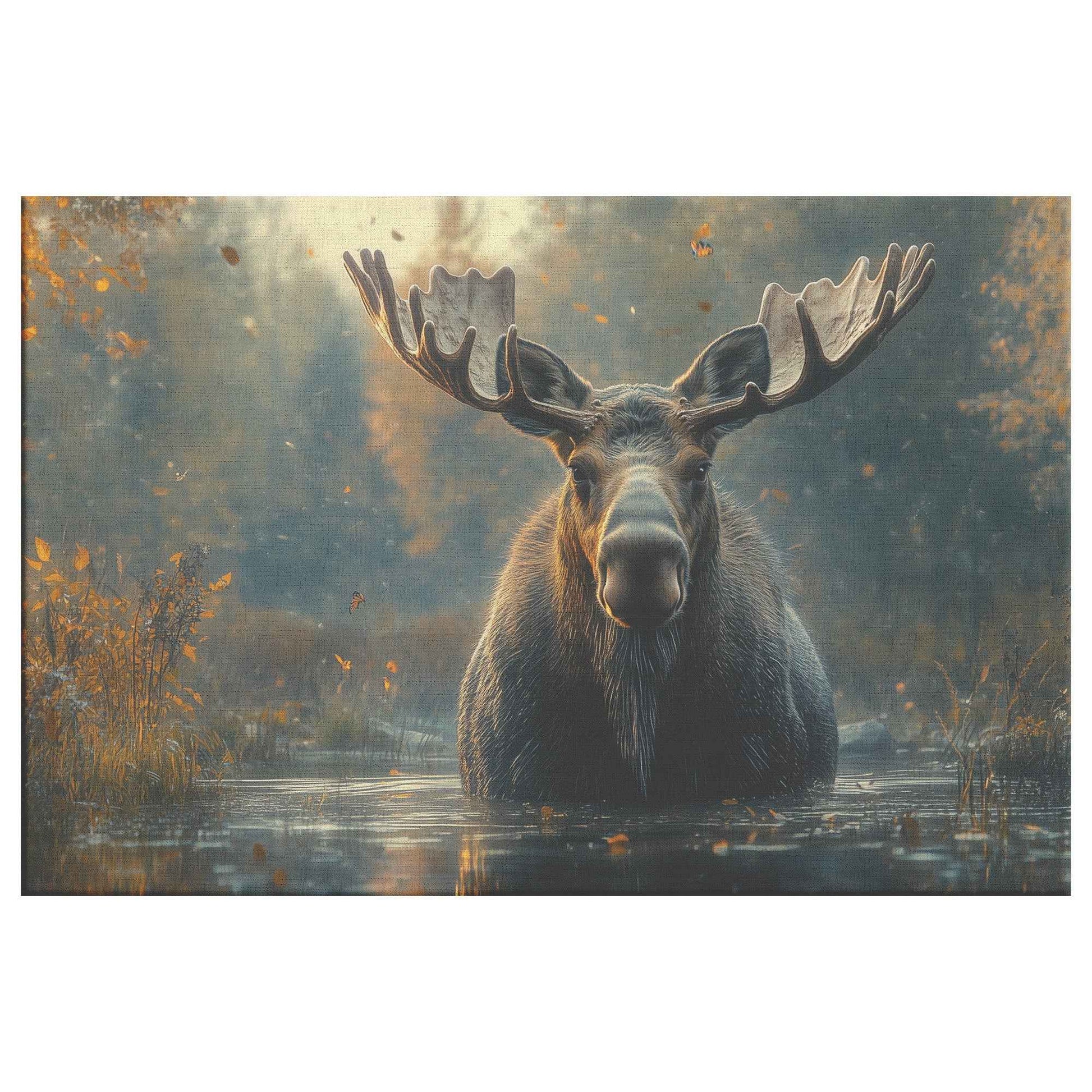 Majestic Moose in Tranquil Waters Graceful Journey Through the Misty Forest   Christian Canvas Wall Art Decor
