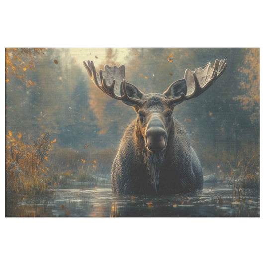 Majestic Moose in Tranquil Waters Graceful Journey Through the Misty Forest   Christian Canvas Wall Art Decor