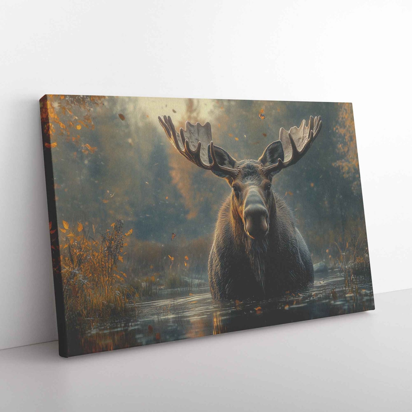 Majestic Moose in Tranquil Waters Graceful Journey Through the Misty Forest   Christian Canvas Wall Art Decor