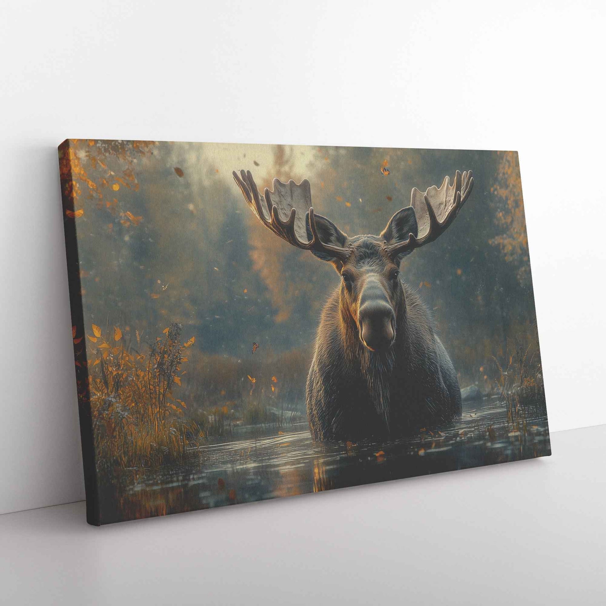 Majestic Moose in Tranquil Waters Graceful Journey Through the Misty Forest   Christian Canvas Wall Art Decor