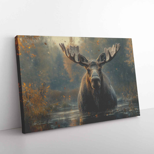 Majestic Moose in Tranquil Waters Graceful Journey Through the Misty Forest   Christian Canvas Wall Art Decor