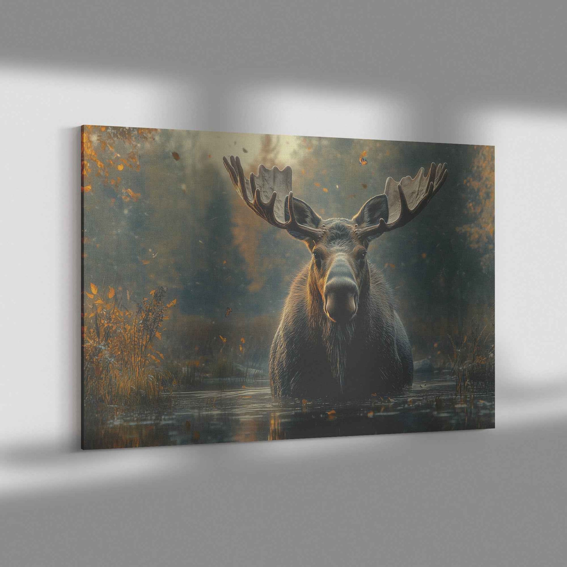 Majestic Moose in Tranquil Waters Graceful Journey Through the Misty Forest   Christian Canvas Wall Art Decor