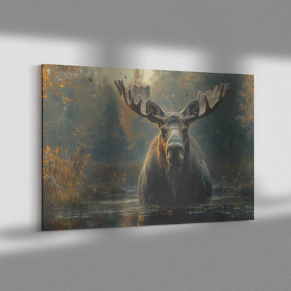 Majestic Moose in Tranquil Waters Graceful Journey Through the Misty Forest   Christian Canvas Wall Art Decor