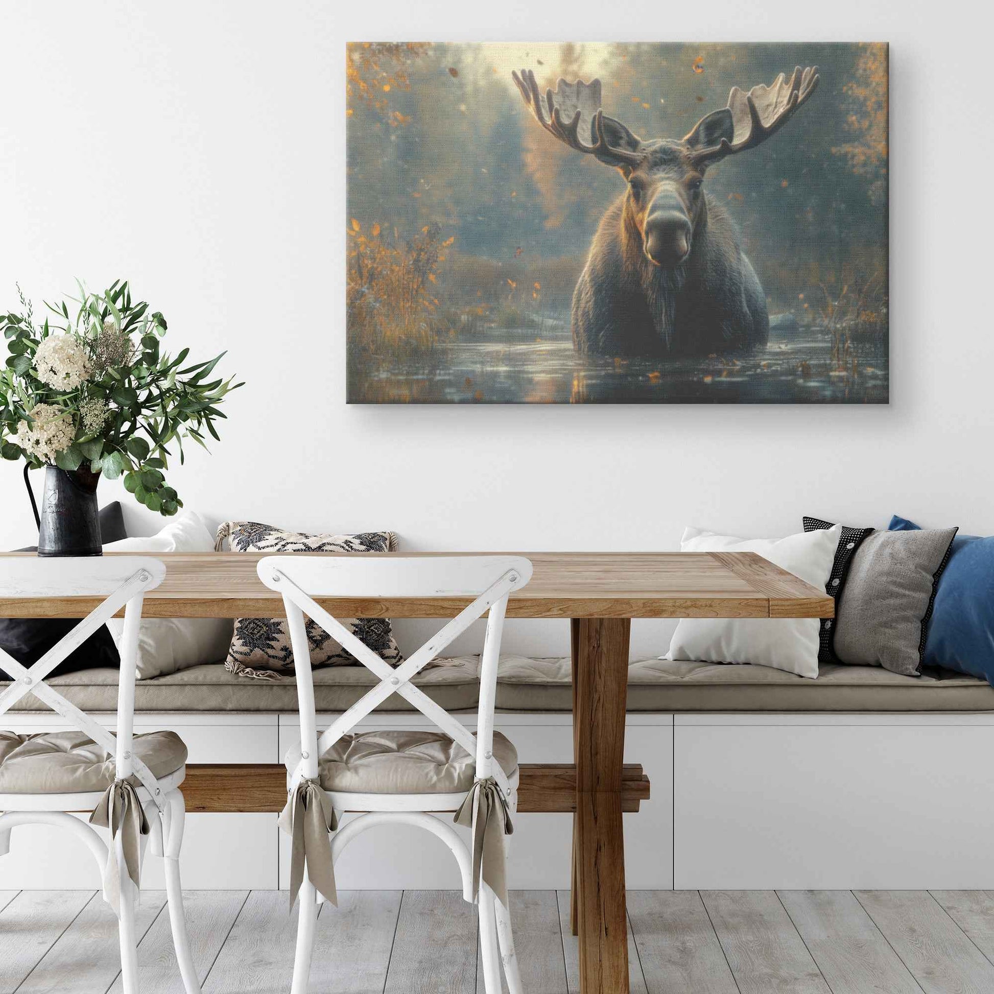 Majestic Moose in Tranquil Waters Graceful Journey Through the Misty Forest   Christian Canvas Wall Art Decor